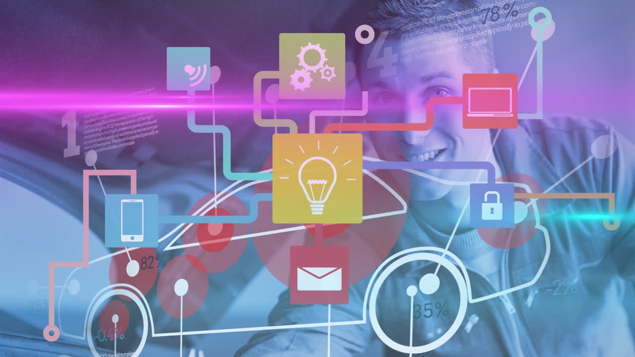 animación de iconos con modelo de coche eléctrico contra el empresario caucásico