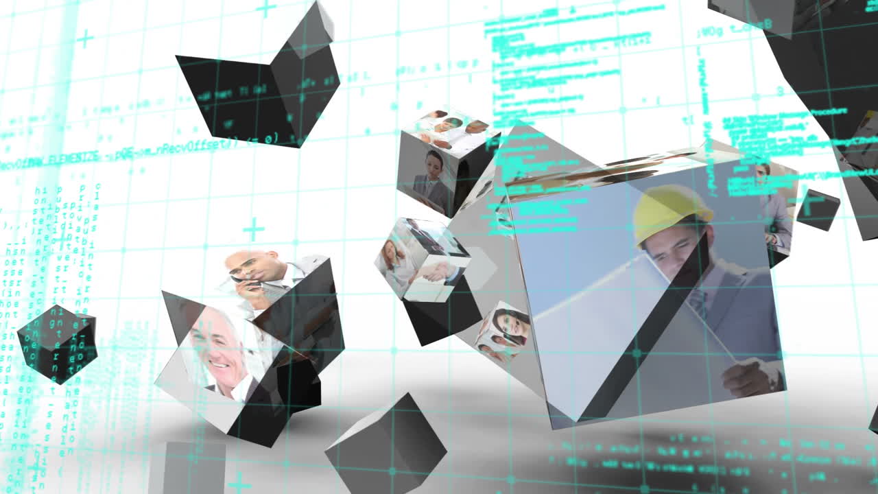 animación de procesamiento de datos sobre cubos con diversas personas en fondo blanco
