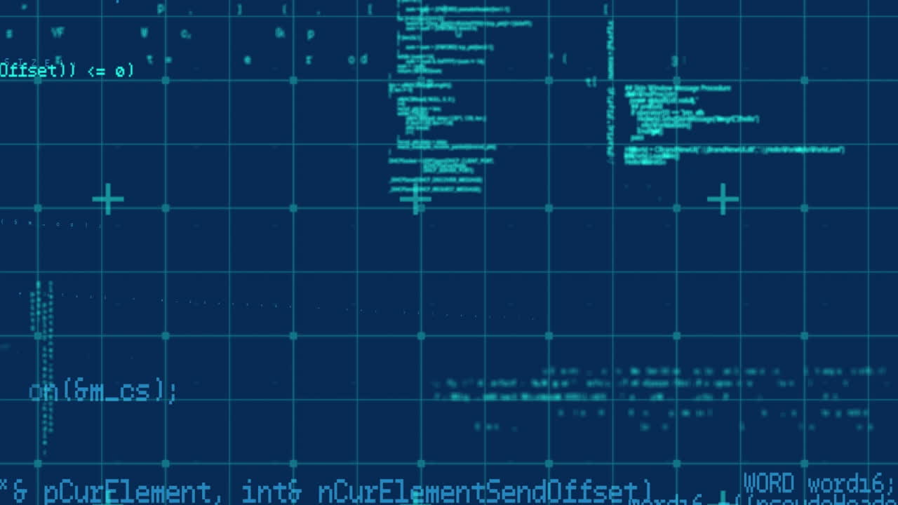 Animation of data processing over grid on blue background