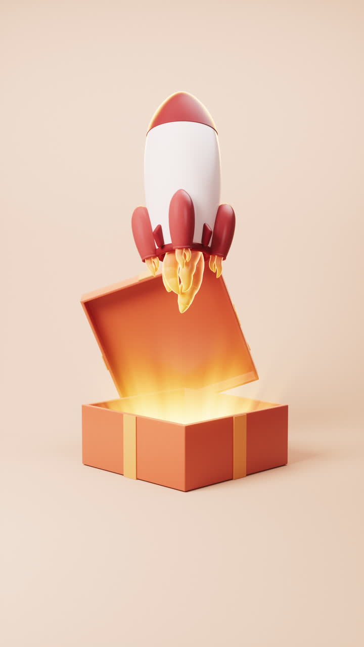Opening red cartoon style gift box and rocket, 3d rendering.