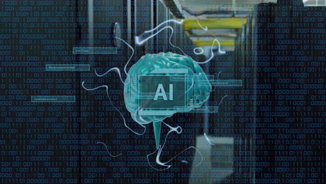animation of ai text, human brain and data processing over computer servers