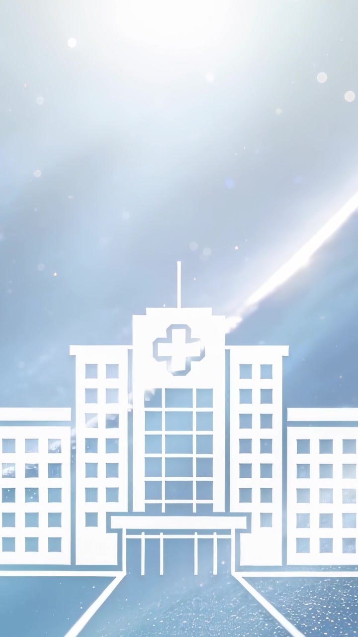 Vídeo vertical: Hospital branco animado subindo em azul suave, revelando emblema de cruz e caminho.