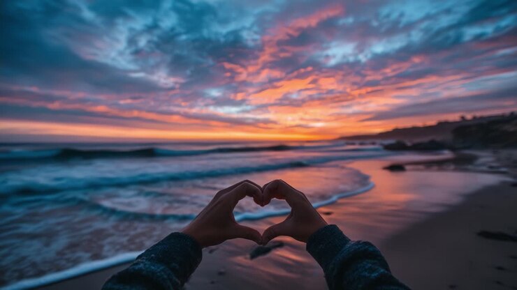 Un gesto affettuoso contro un maestoso tramonto: catturando l'essenza dell'amore accanto alle tranquille onde dell'oceano sotto un cielo splendido.