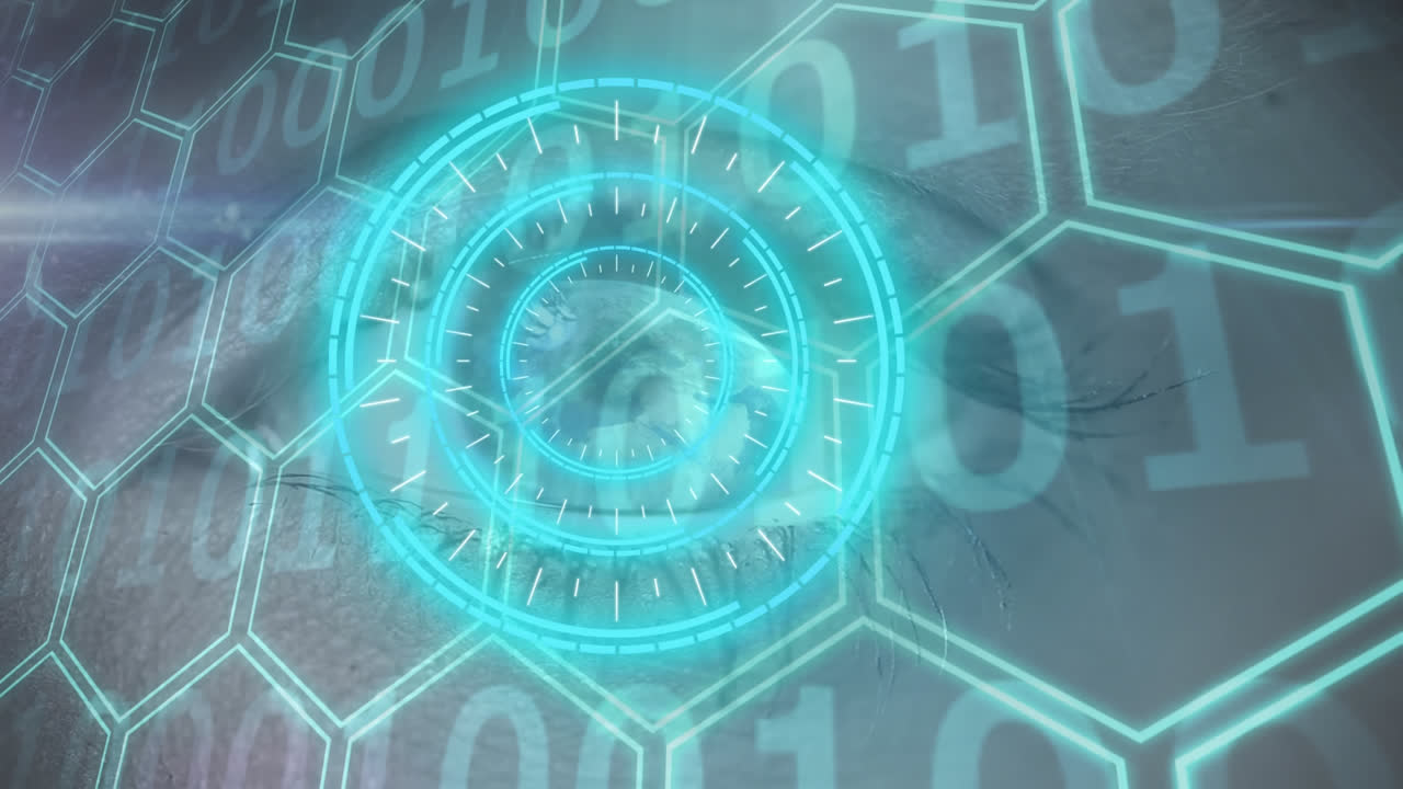 스 스캔 및 이진 코딩 데이터 처리의 애니메이션 6각형 네트워크를 통해