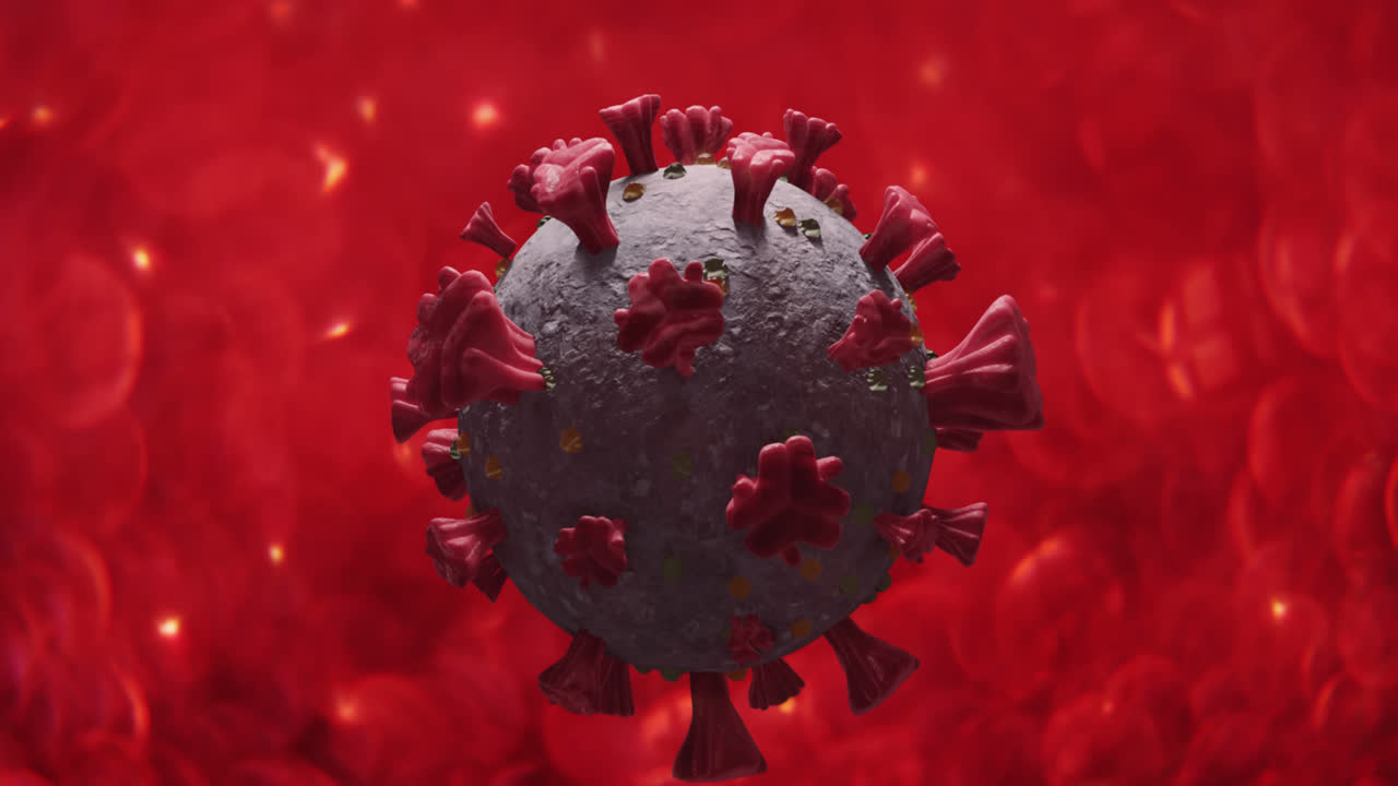 Animation of covid 19 cell spinning over red blood cells in background