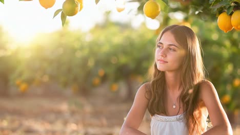 Beautiful young woman with long brown hair sitting under a lemon tree, enjoying the warm sunset light filtering through the leaves in a peaceful orchard