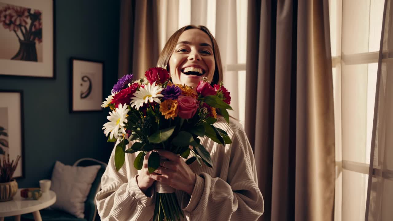 A joyful woman holding a bouquet of flowers, captured in a warm, natural light setting