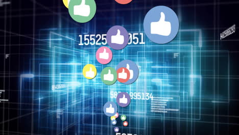 thumbs up icons and numbers animation over digital grid background