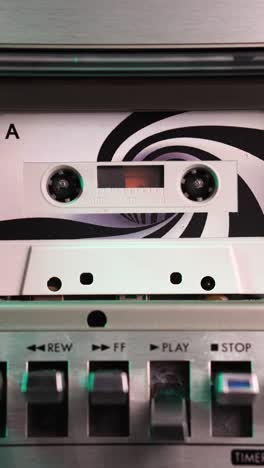 close-up of a vintage cassette tape in a tape deck