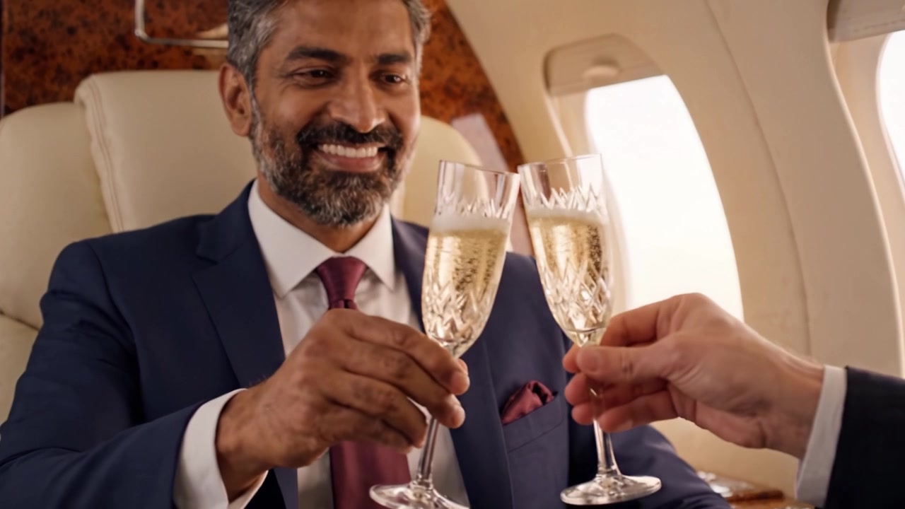 Un uomo d'affari sicuro di sé si rilassa su un jet privato, godendosi un drink mentre viaggia con stile e lusso, abbracciando il comfort e la raffinatezza del suo viaggio