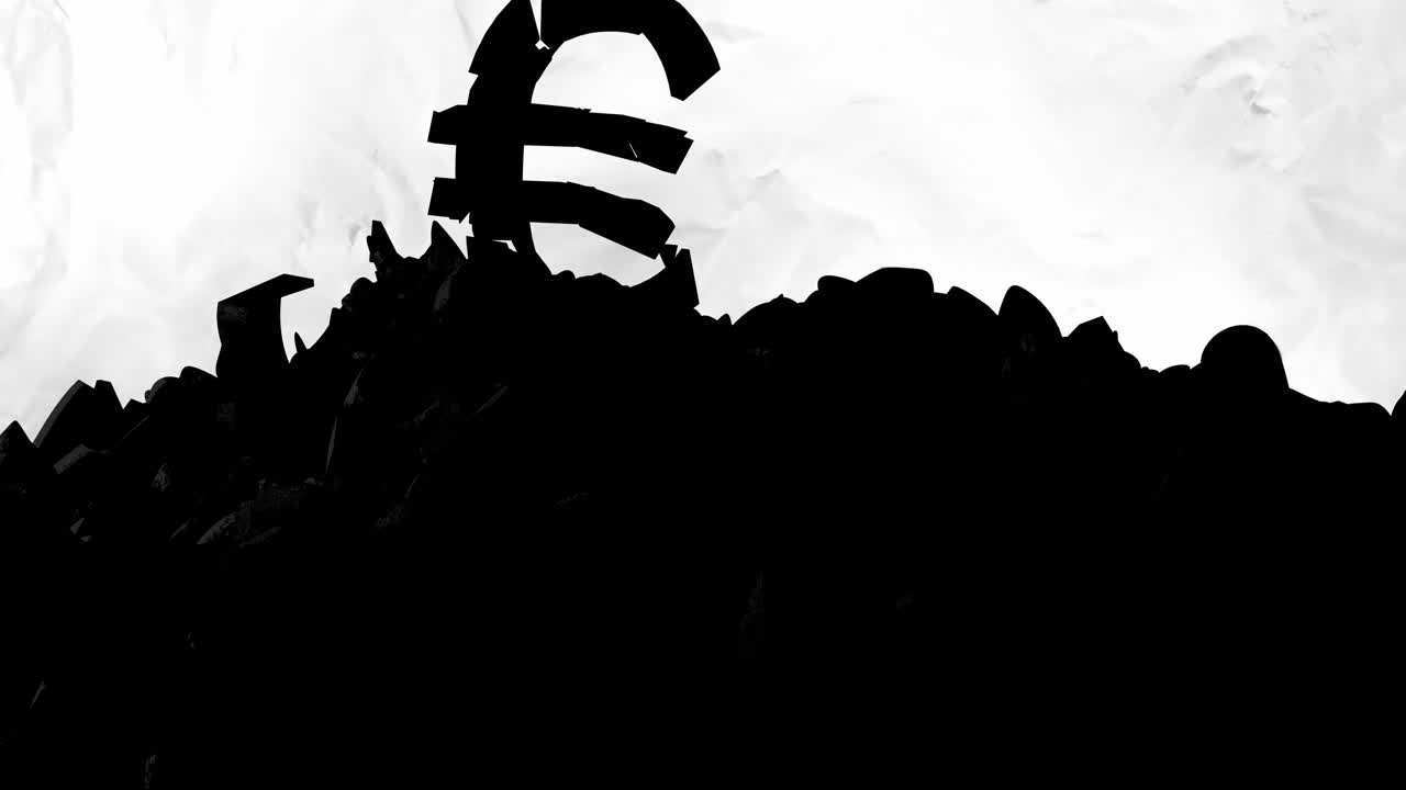 백색 배경에 있는 유로 기호와 쓰레기 매립지의 애니메이션