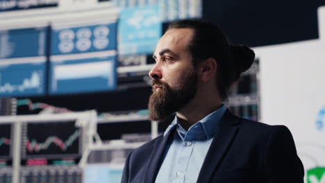 business expert reflecting on monthly performance metrics on dashboards