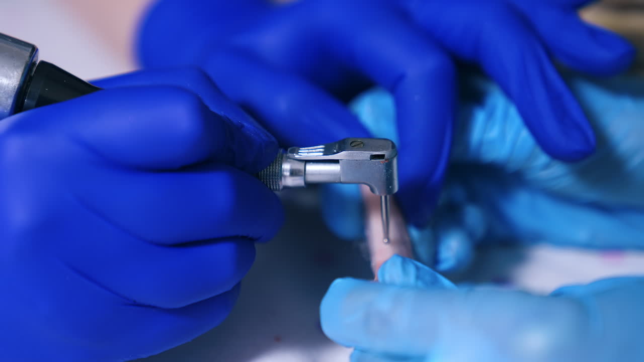 Hands in blue latex gloves apply drill machine. Teaching the future dentist to apply instruments. Close up.