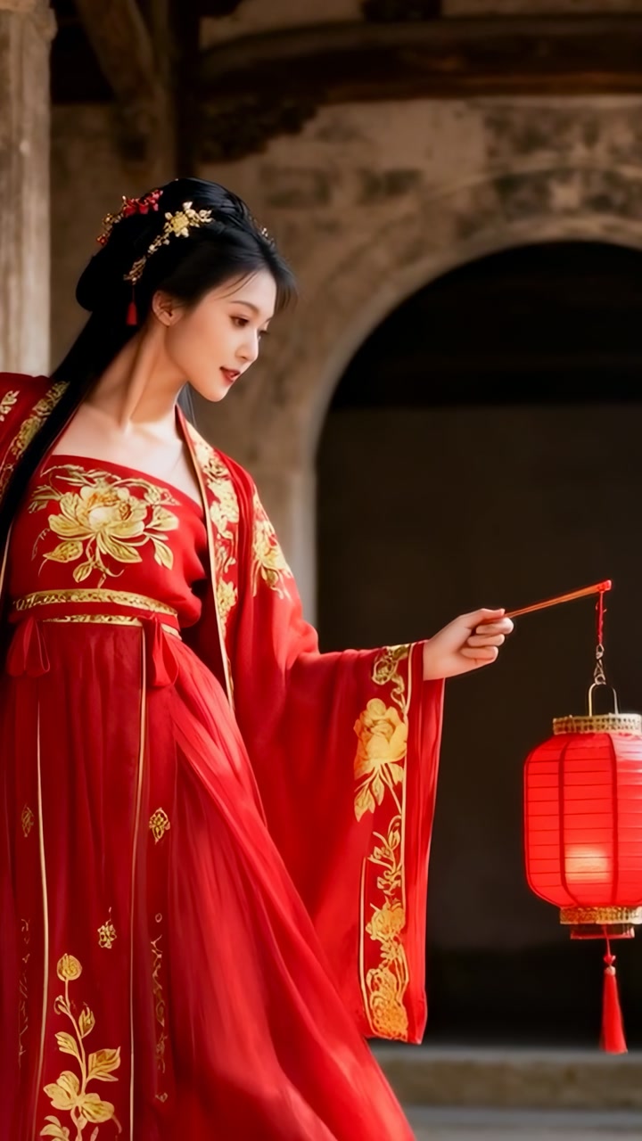 Holding red lantern, woman wearing hanfu dress turning gently in archway, showing gold embroidery