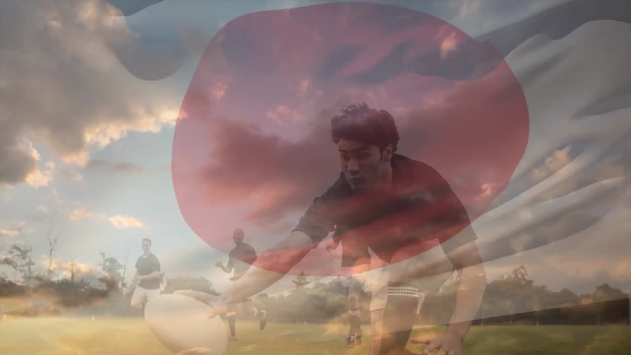 다양한 남성 럭비 선수 위에 일본 국기의 애니메이션