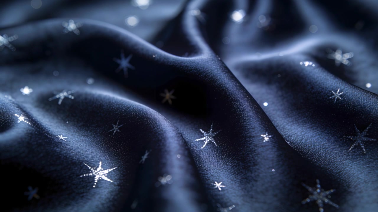 Tessuto di raso blu notte increspato che si muove sotto la luce dello studio a causa di un leggero movimento, con stelle di paillettes.