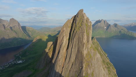 Aerial-View-Of-Segla-Mountain-Peak-On-A-Sunny-Day-From-Hesten-Hiking-Area-In-Senja,-Noway