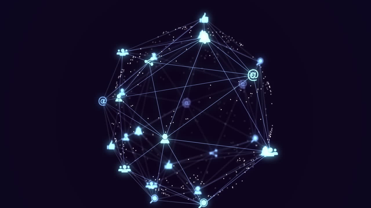 animación de un globo de iconos digitales brillantes que giran contra un fondo azul.