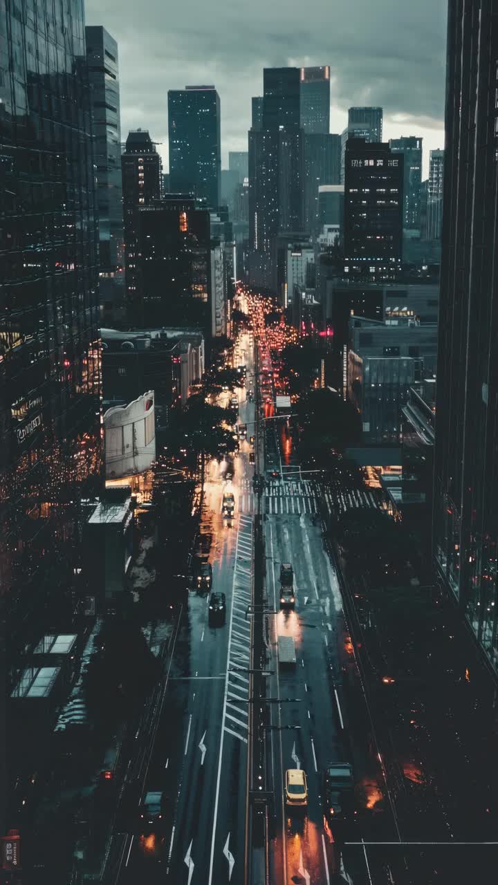 Aerial view of a bustling city street at dusk, capturing vibrant lights and traffic