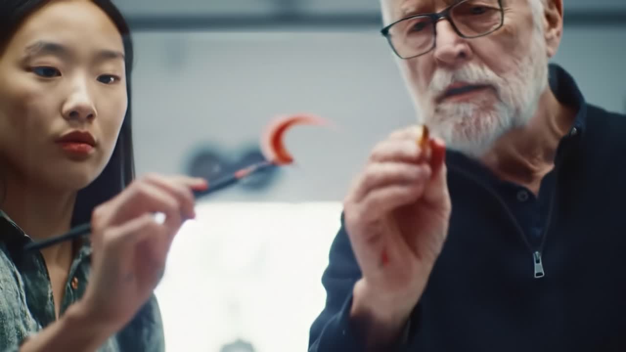Two artists collaborate in a bright studio, sharing painting techniques and ideas. An older man guides a younger woman as they work on colorful projects together.
