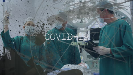 coronavirus conspiracy text against team of surgeons performing surgery at operation theatre