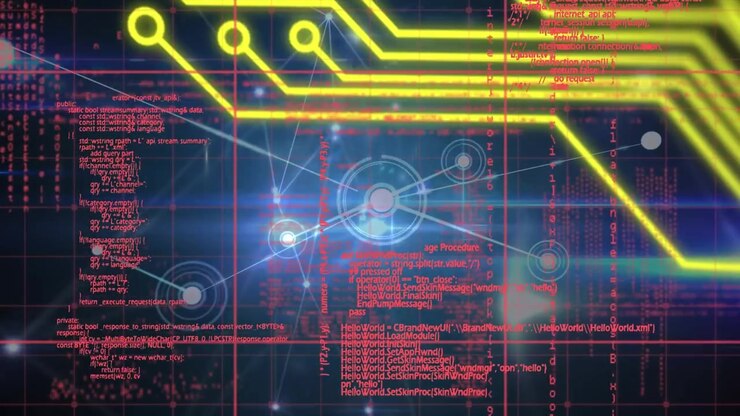 Animation of data processing and network of connections over computer circuit board