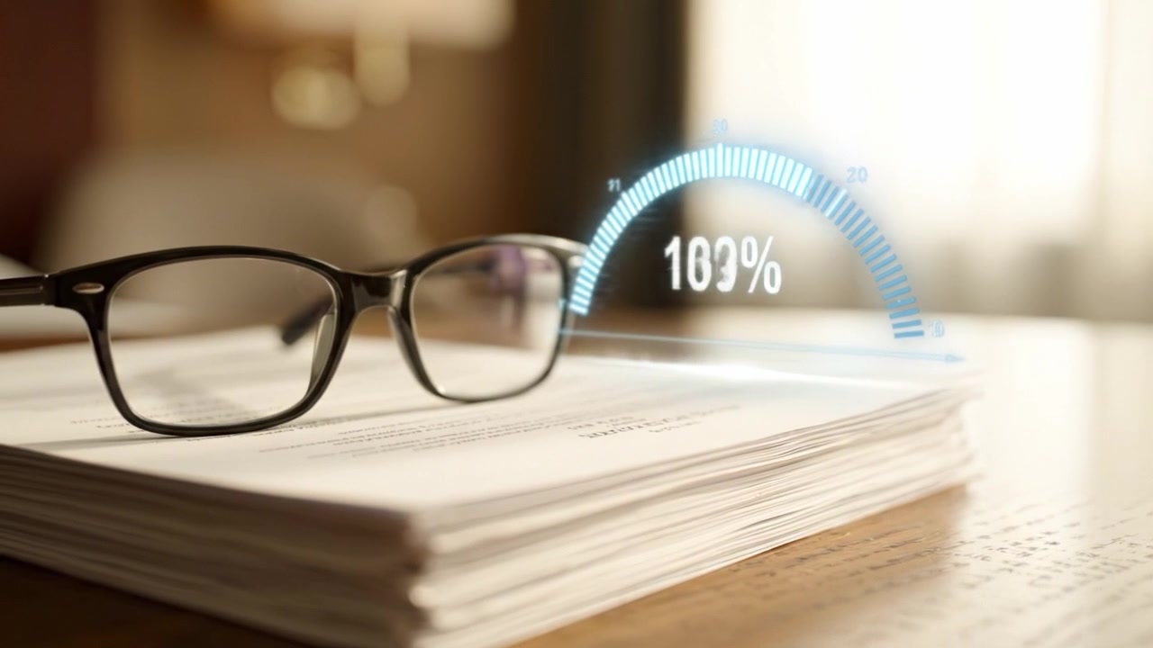 A set of two frames capturing the moment of reading documents with glasses resting on a stack of papers, indicating engagement in a focused task.