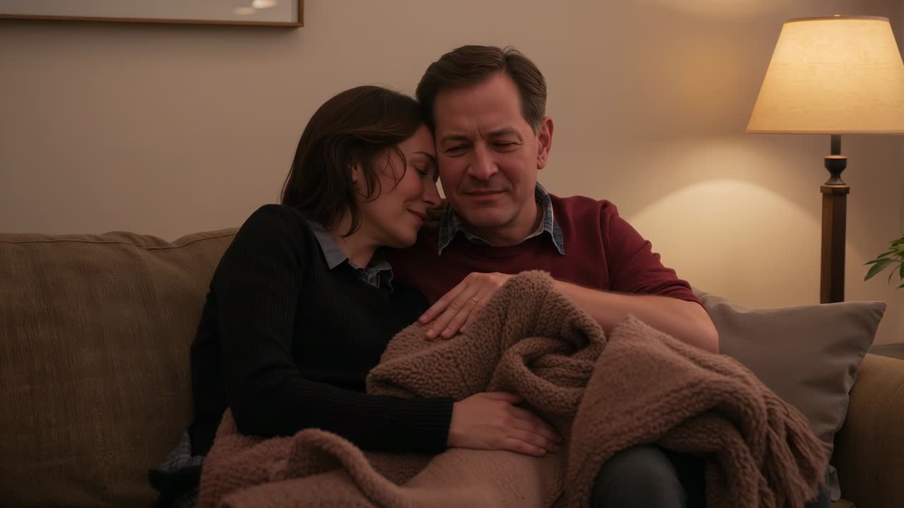Leaning woman initiating headrest, man placing hand on blanket in living room, couple sharing calm