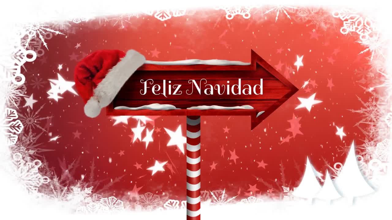 feliz navidad escrito en un cartel de madera y la nieve cayendo