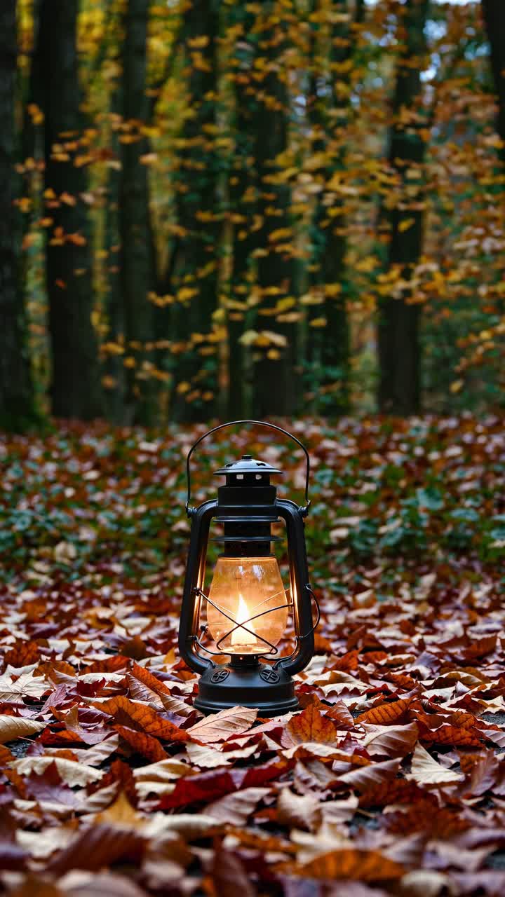 A vintage lantern on autumn leaves in a forest, captured at eye level