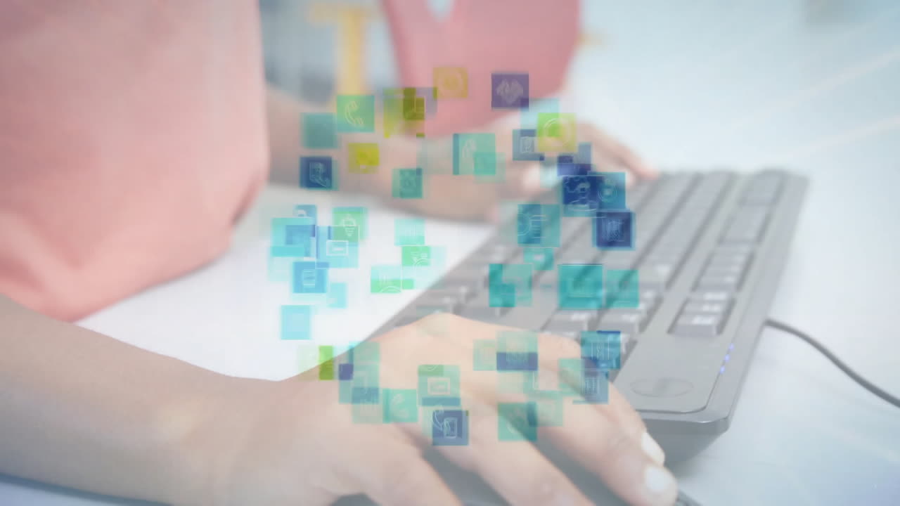 Animation of network of connections with icons over african american woman using computer