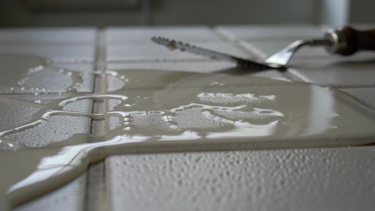Spilling pale thick liquid spreading out on kitchen tiles, forming beads along grout