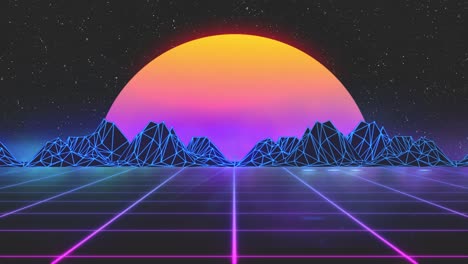 retro futuristic landscape with neon grid and geometric mountains