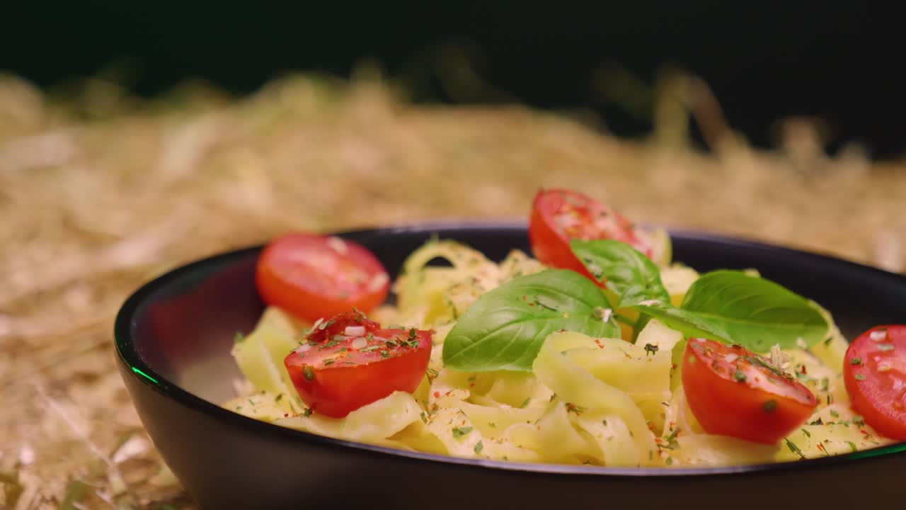 풀백은 맛있는 파스타, 토마토, 바질, 사워 크림이 있는 접시를 빨대 위에 올려 놓은 쪽을 닫습니다.