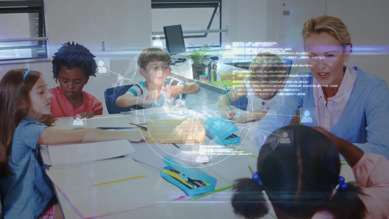 Teacher guiding students in class, students writing while HUD overlay grows, masking hands to learn