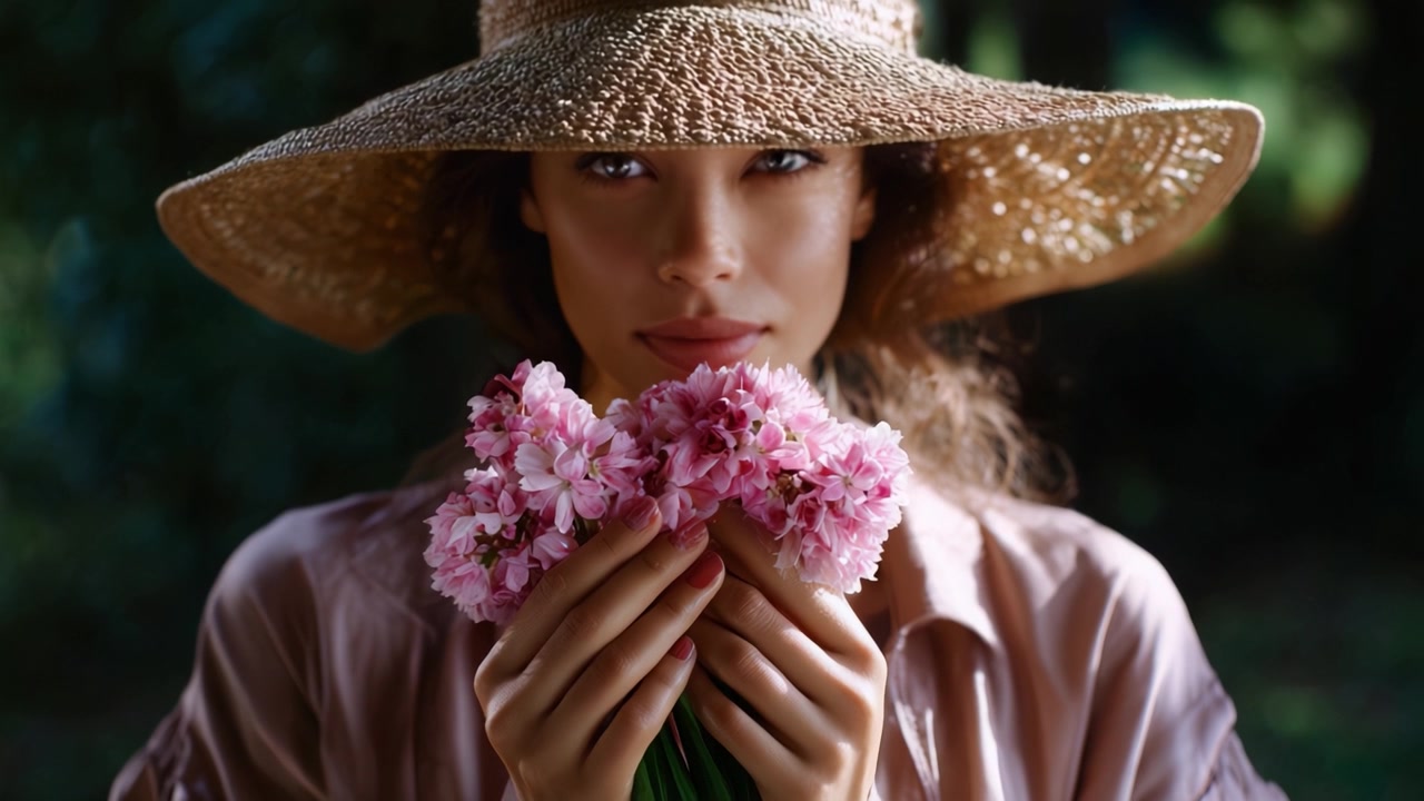 Una donna con un cappello di paglia che tiene in mano un bouquet di fiori rosa, incarnando eleganza e serenità in un rigoglioso ambiente esterno verde, catturando la bellezza della natura.