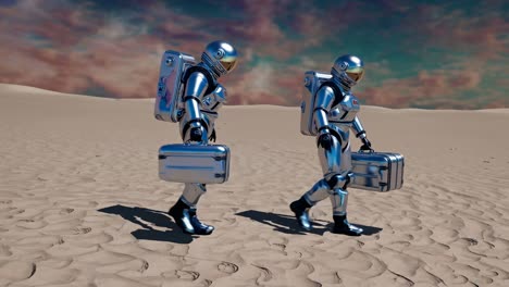 two astronauts in space suits walking on a desert planet