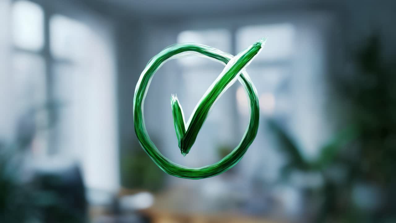 A green checkmark symbol elegantly drawn in chalk appears against a blurred background, representing approval, success, and verification in a modern workspace