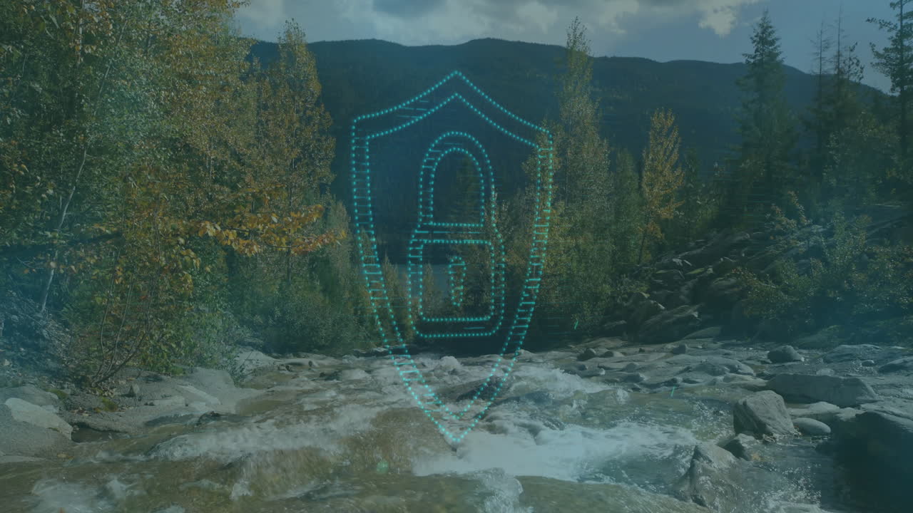 Digital lock and shield animation over scenic mountain river landscape