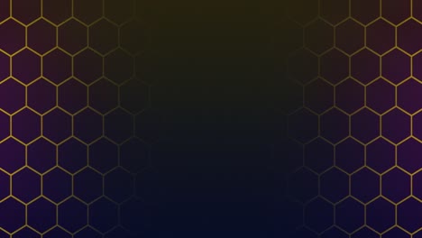 Animation-of-grid-of-yellow-hexagons-with-flashing-white-light-on-dark-background