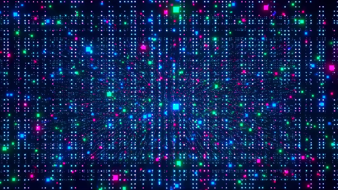 Multicolor LED Matrix With Streaming Data, Dense Grid Of Tiny Glowing Pixels And Shifting Patterns Digital