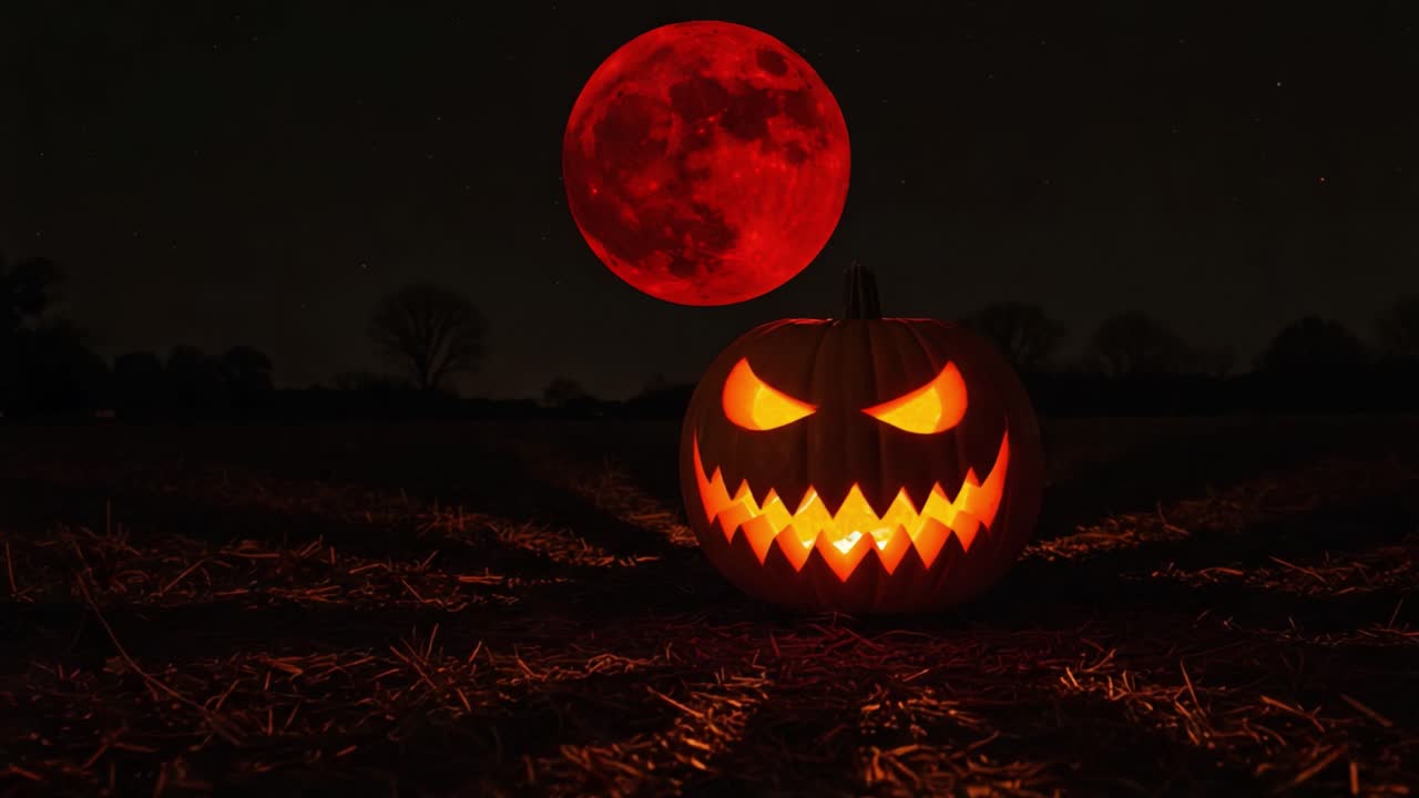 Eerie Halloween Scene Featuring a Menacing Jack-o'-Lantern Illuminated by a Sinister Red Moon Against a Dark Sky, Perfect for Spooky Imagery