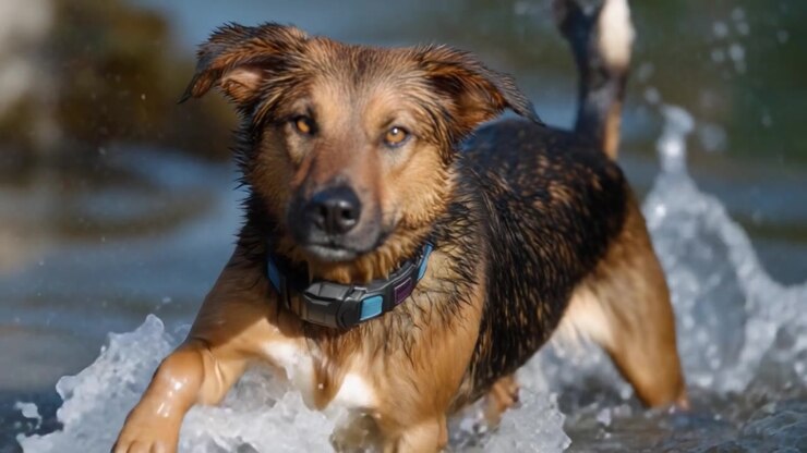 Een speelse hond spettert door het water, toont energie en vreugde terwijl hij zijn omgeving verkent met een zorgeloze houding, wat een band met de natuur laat zien.