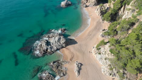 Costa-Brava-Strand,-Luftdrohne,-Paradies,-Türkisgrün---Lloret-De-Mar-Mittelmeer---Spanien