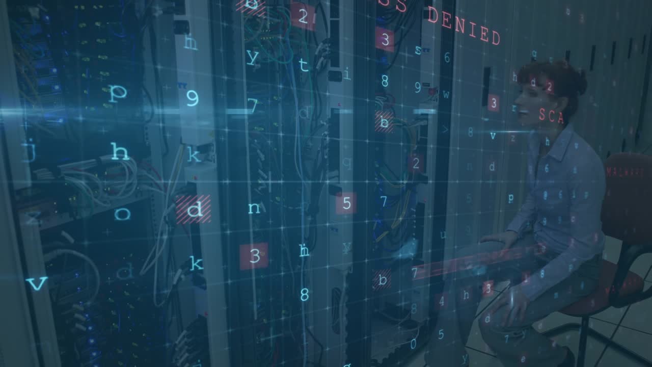 Animation of cyber attack text and data processing over caucasian female it technician with server