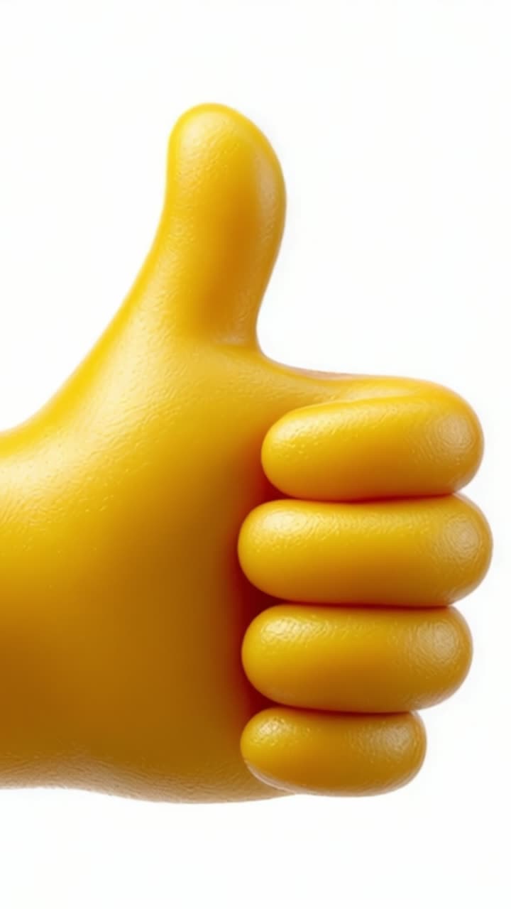 Un primo piano di un gesto della mano con il pollice in su giallo brillante che simboleggia positività e approvazione in uno stile minimalista con uno sfondo bianco pulito.