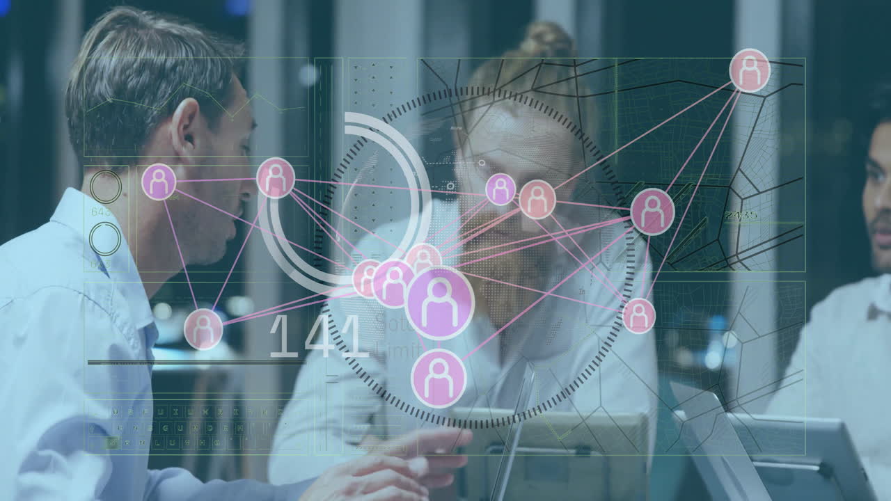 Business professionals collaborating with digital network animation overlay in office