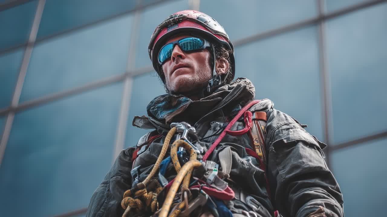 A Close-Up Perspective of a Mountain Climber Preparing for Abseiling Adventure, Showcasing the Safety Gear and Determination of the Adventurer in an Urban Environment