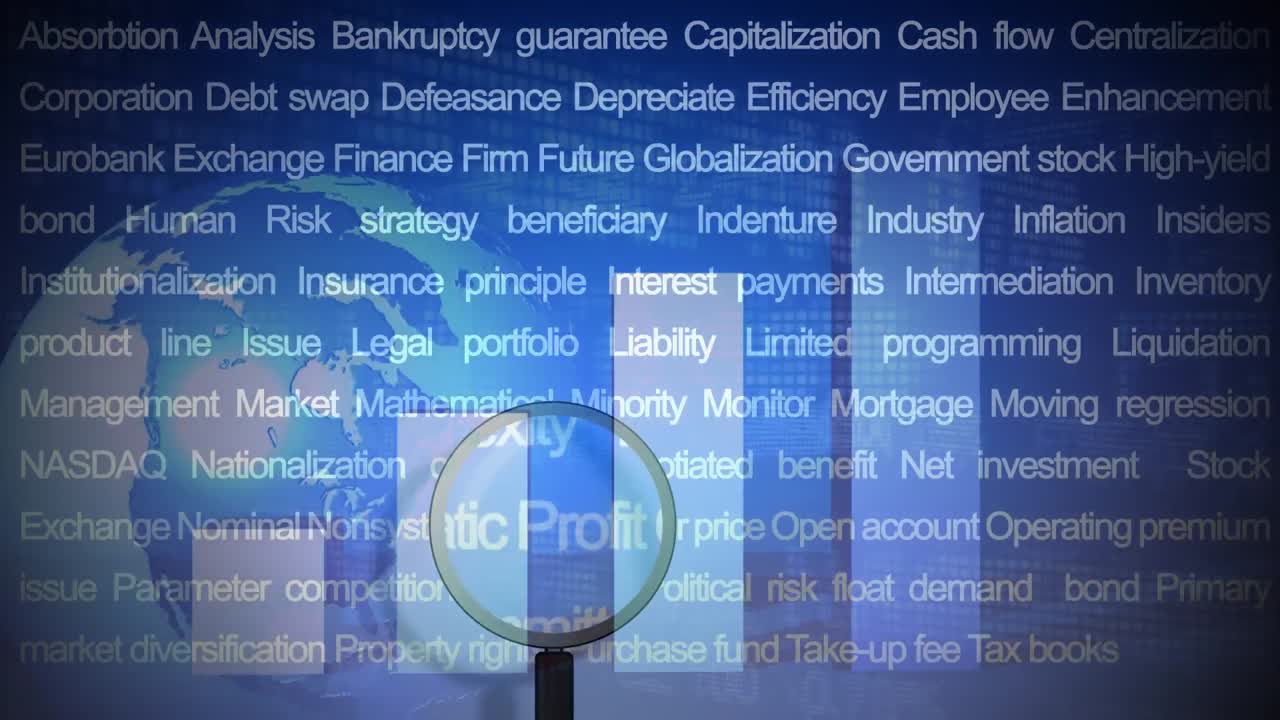 Magnifying glass moving over financial terms