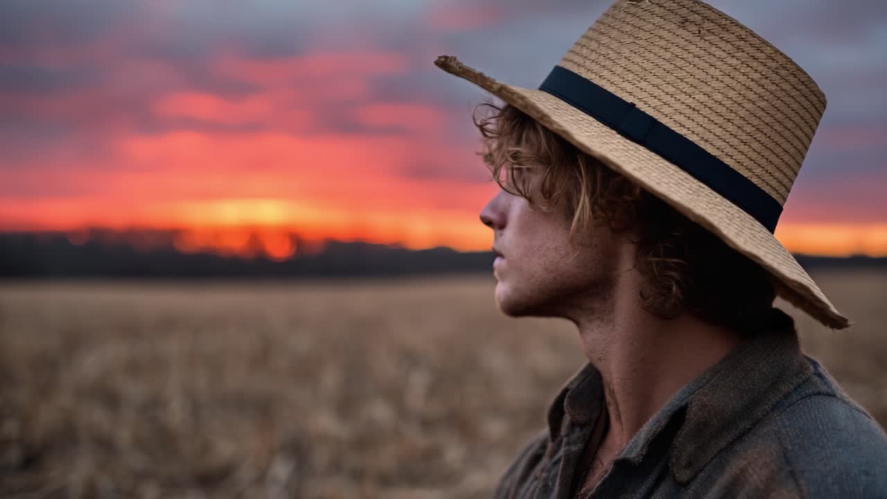 Una figura contemplativa guarda verso un tramonto vibrante attraverso un vasto campo, incarnando un momento di riflessione immersa nella bellezza naturale del paesaggio